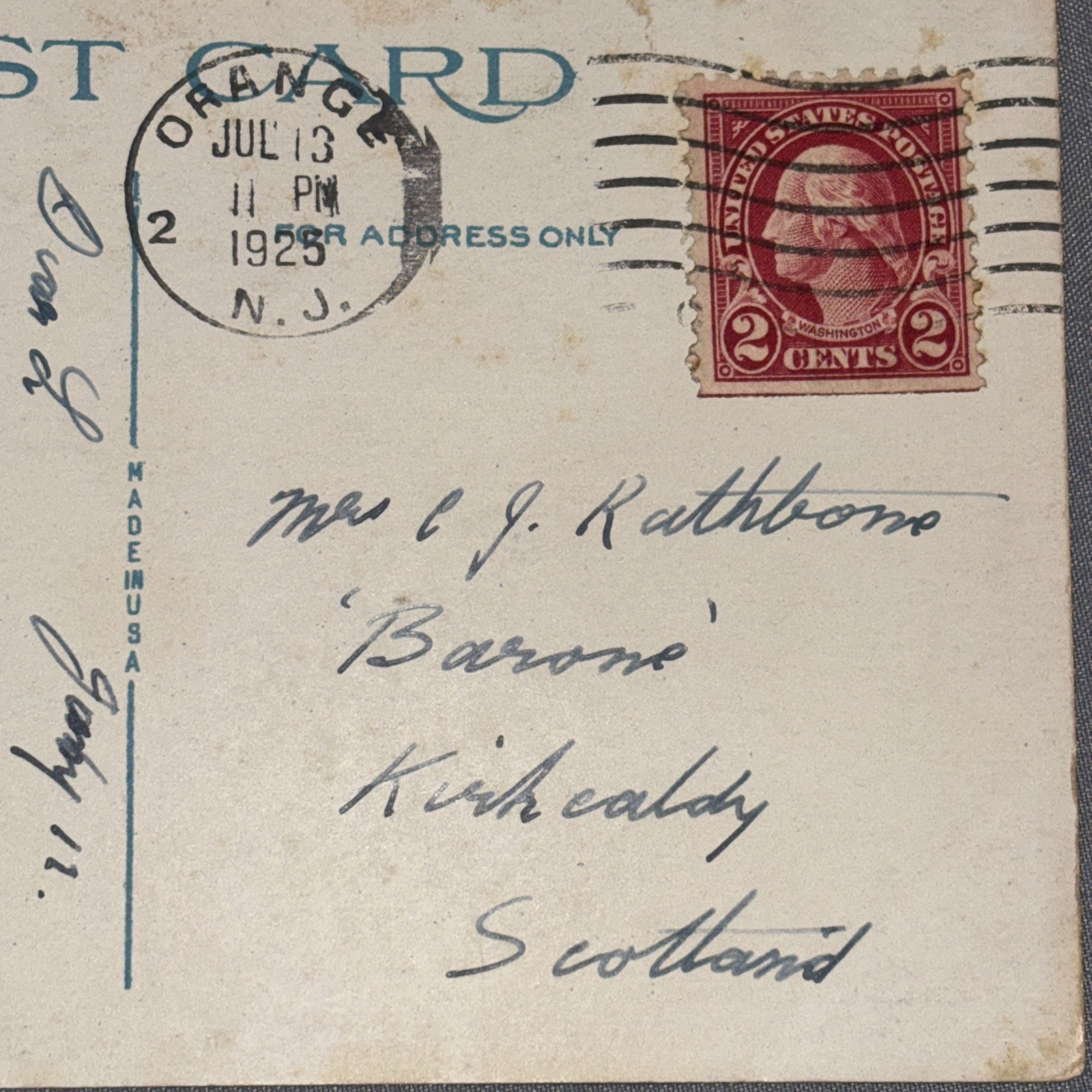 VERY RARE Washington 2 Cent Red Stamp on Postcard Orange, NJ UNION BEACH used