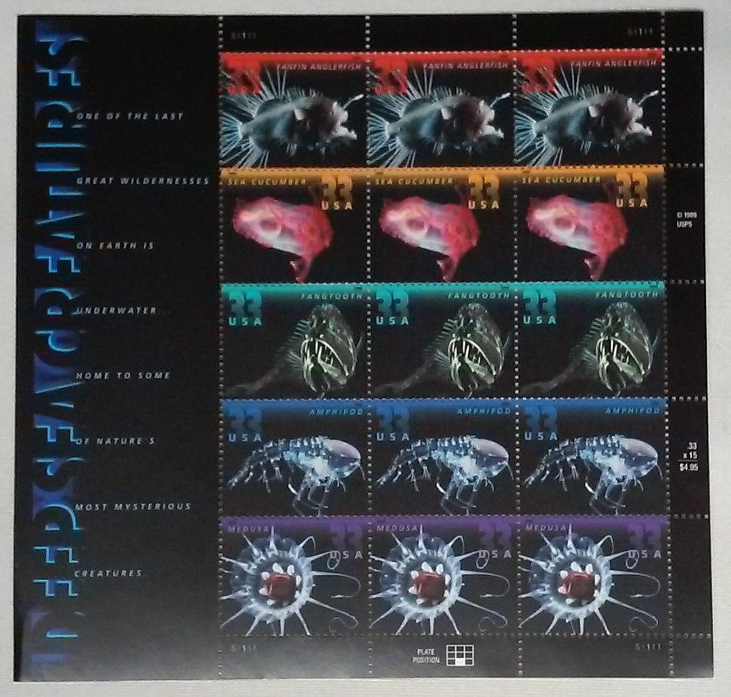 Three Sheets x 15 = 45 of DEEP SEA CREATURES 33¢ US USA Stamps Scott # 3439-3443