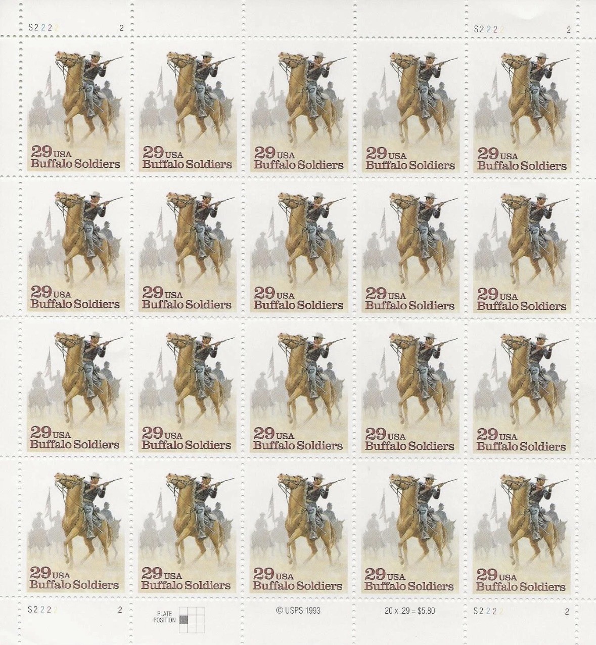 Three full Sheets of BUFFALO SOLDIERS 29¢ US 1993 Postage Stamps. USA Sc # 2818