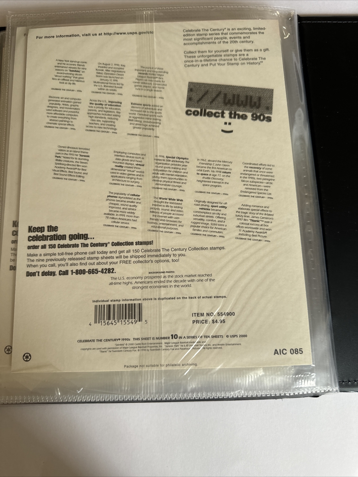 Celebrate the Century USPS Stamps 1900s-1990s In Binder USPS 10 Page Set