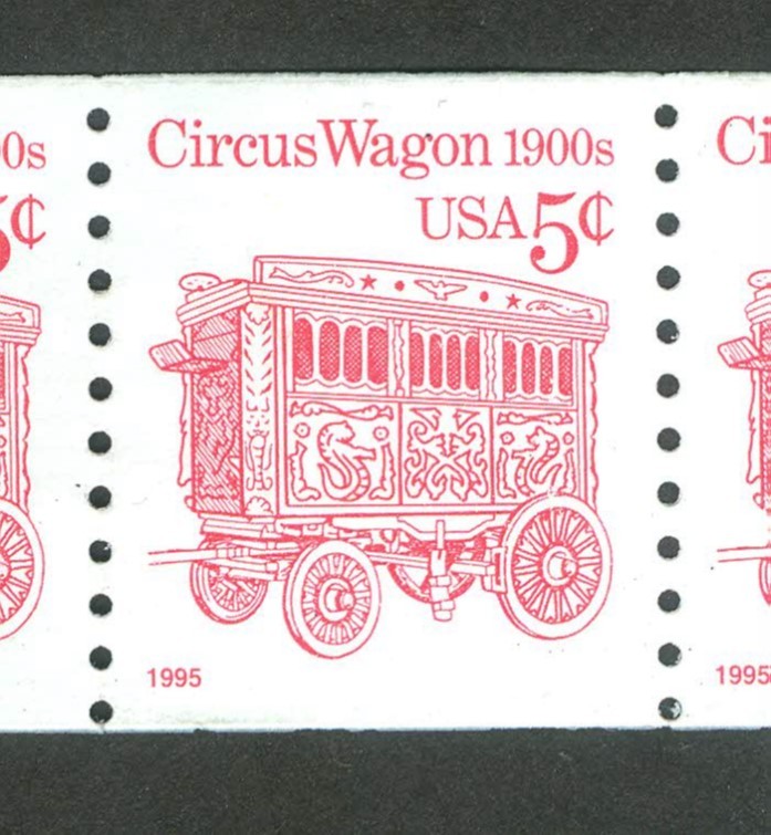 USA POSTAGE – CIRCUS WAGON 1900s – LINE OF 4 x 5 CENTS RED STAMP – 1995