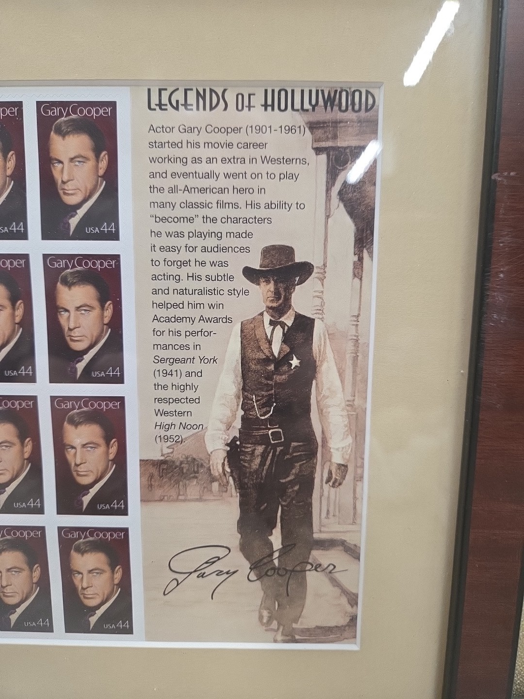 Legends of Hollywood Gary Cooper USA 44 Postal Stamps 2008 44c Framed & Matted