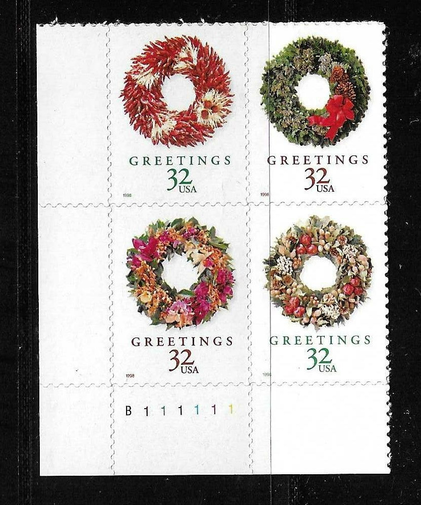 USA SC # 3252b Christmas wreaths / BLK4 Plate Number – Christmas 1998 – . MNH