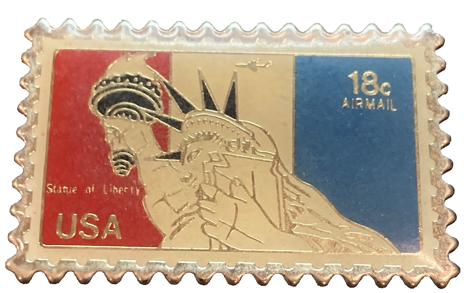 silvertone patriotic enamel pin statue of liberty 18 cent airmail postage stamp