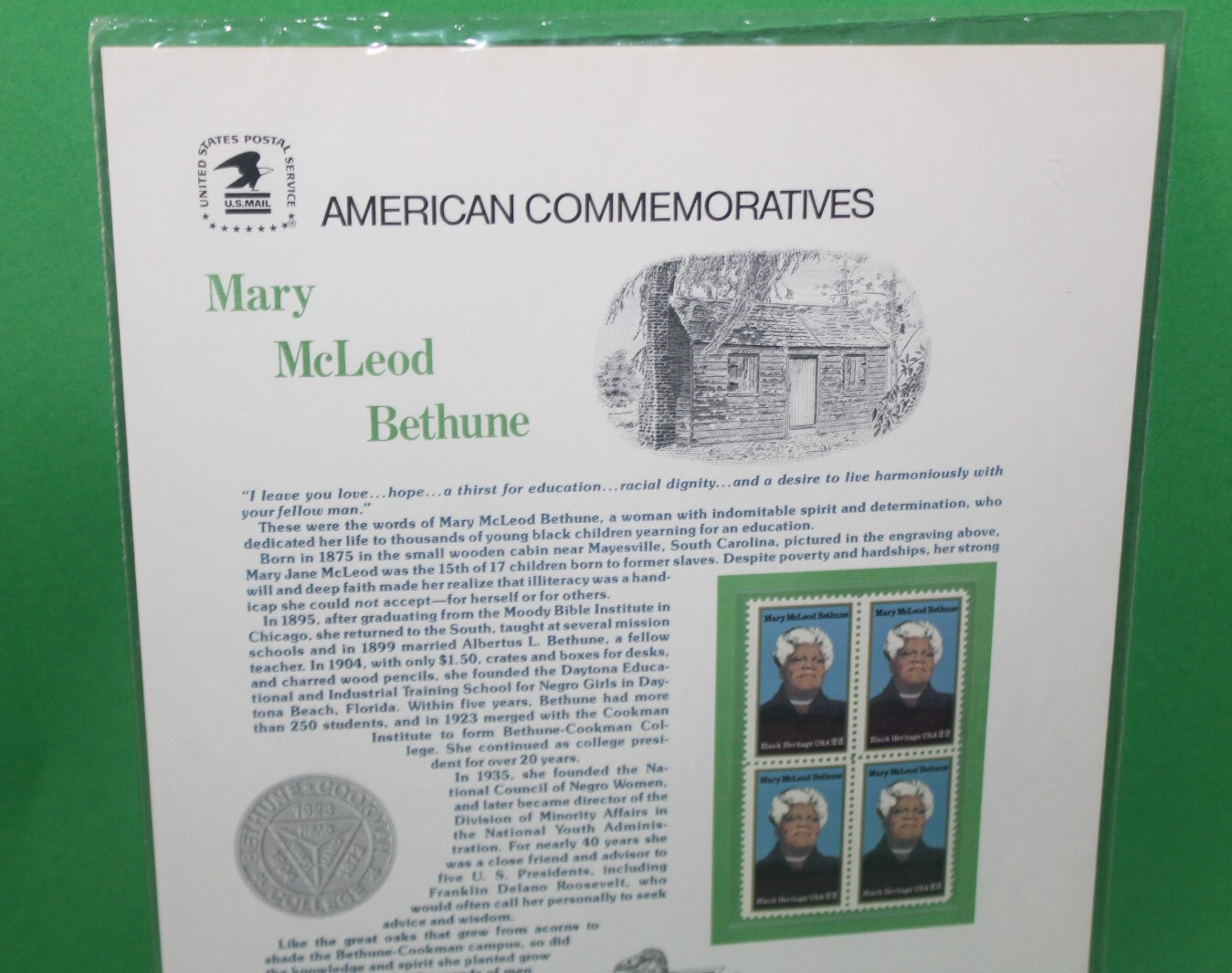 American Commemoratives Mary McLeod Bethune USPS Stamps Panel 238 March 5, 1985