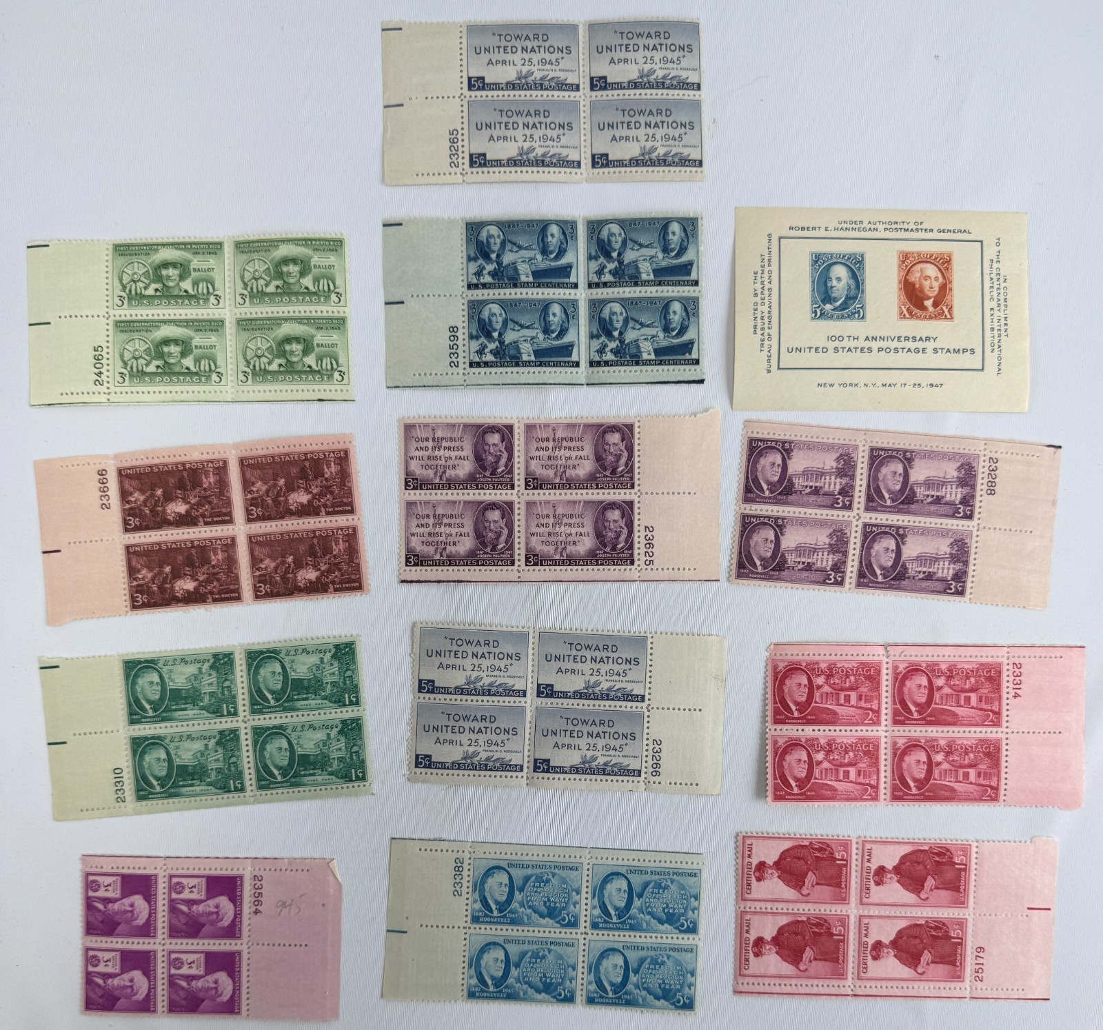 13 Mint US Plate Blocks and Souvenir Sheet Collection 1945-1949 Roosevelt