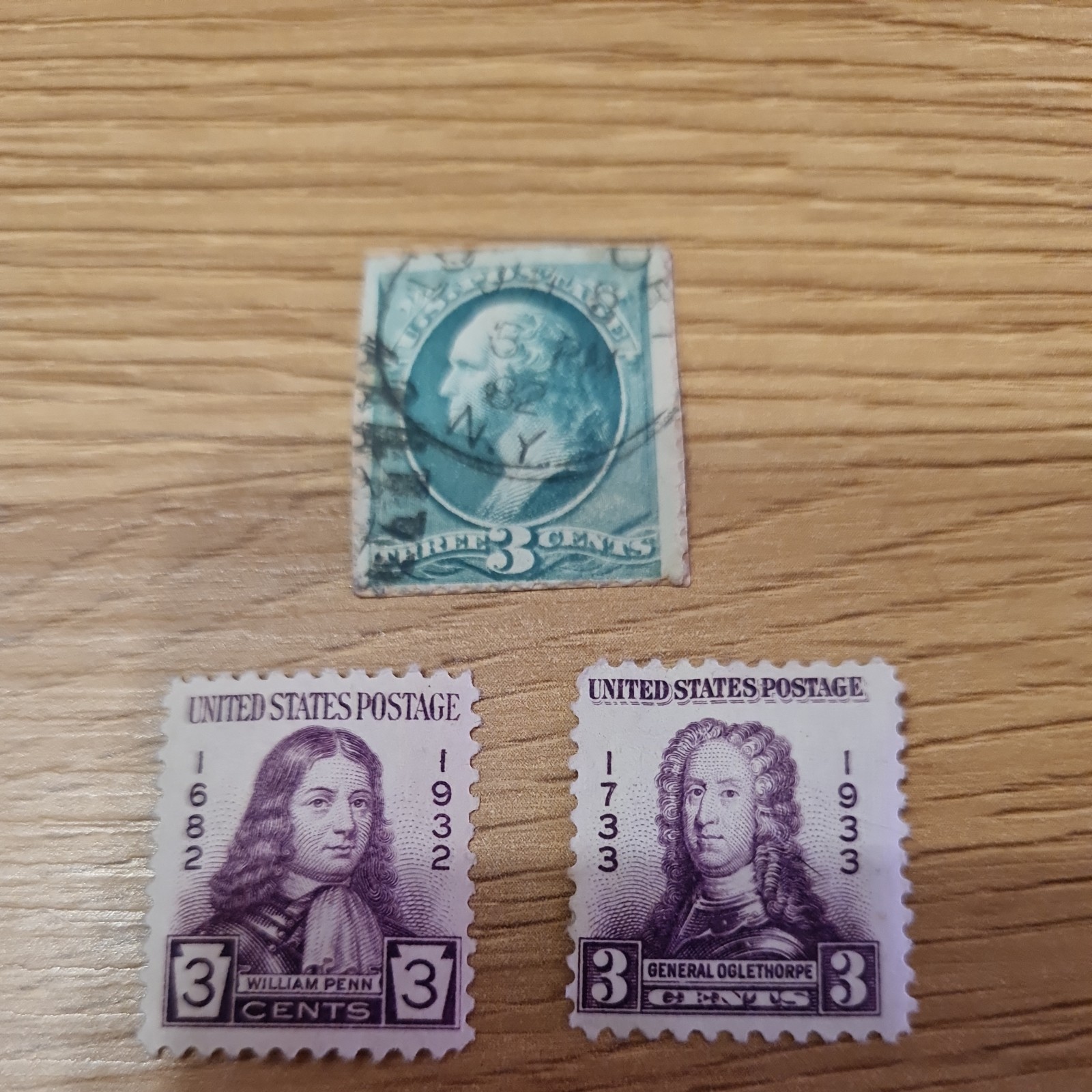 One 3 Cents Green Washington Stamp,Two 3 Cents stamps. 1932-1933