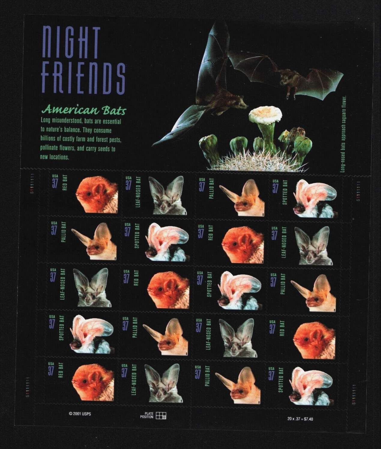 US Postage Stamp # 3661 – 3664 Night Friends, Sheet of 20. Mint. Unused 2001