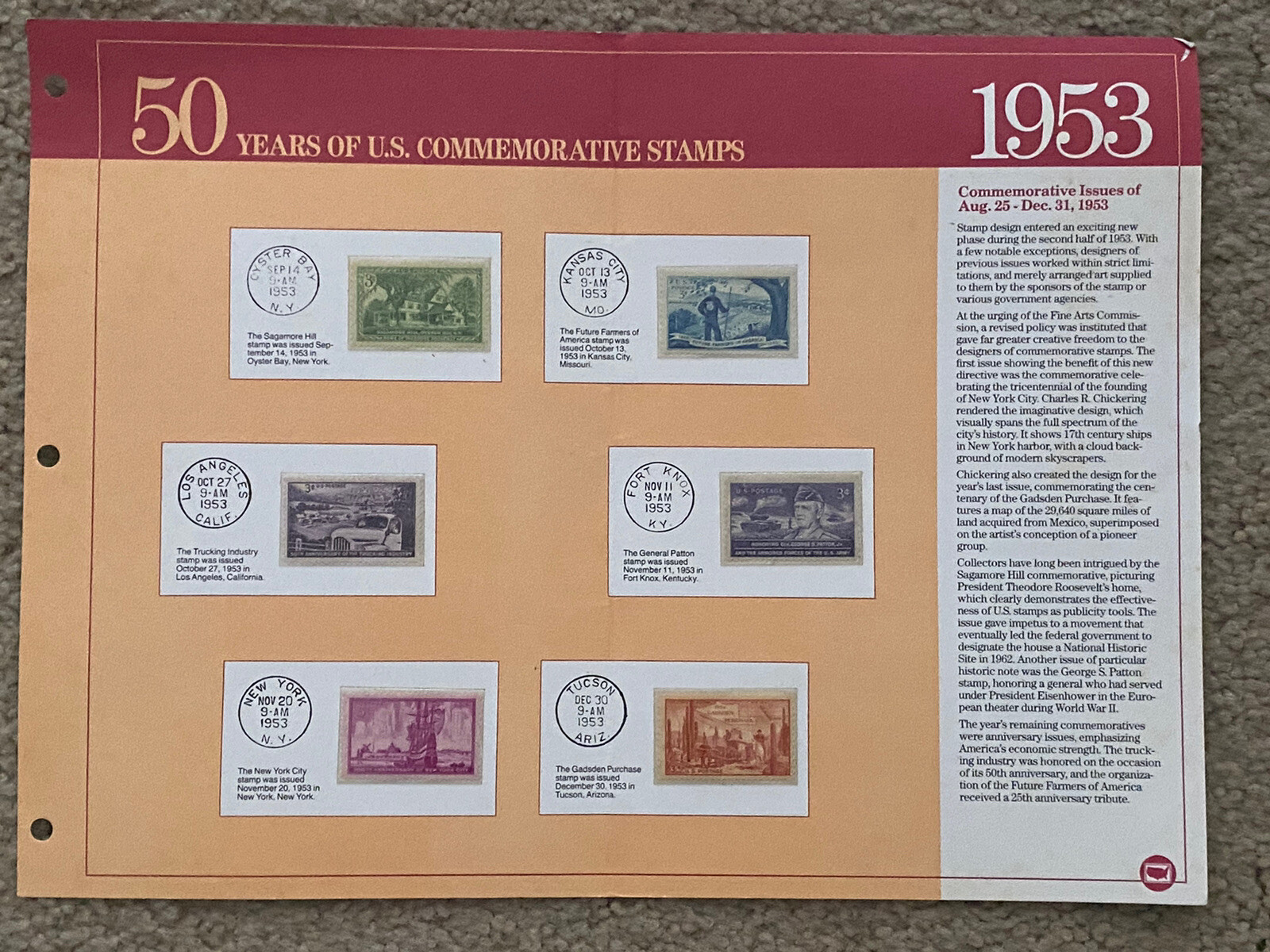 1953 August-December U.S. Commemorative First Day of Issue Stamps w/ stamp info