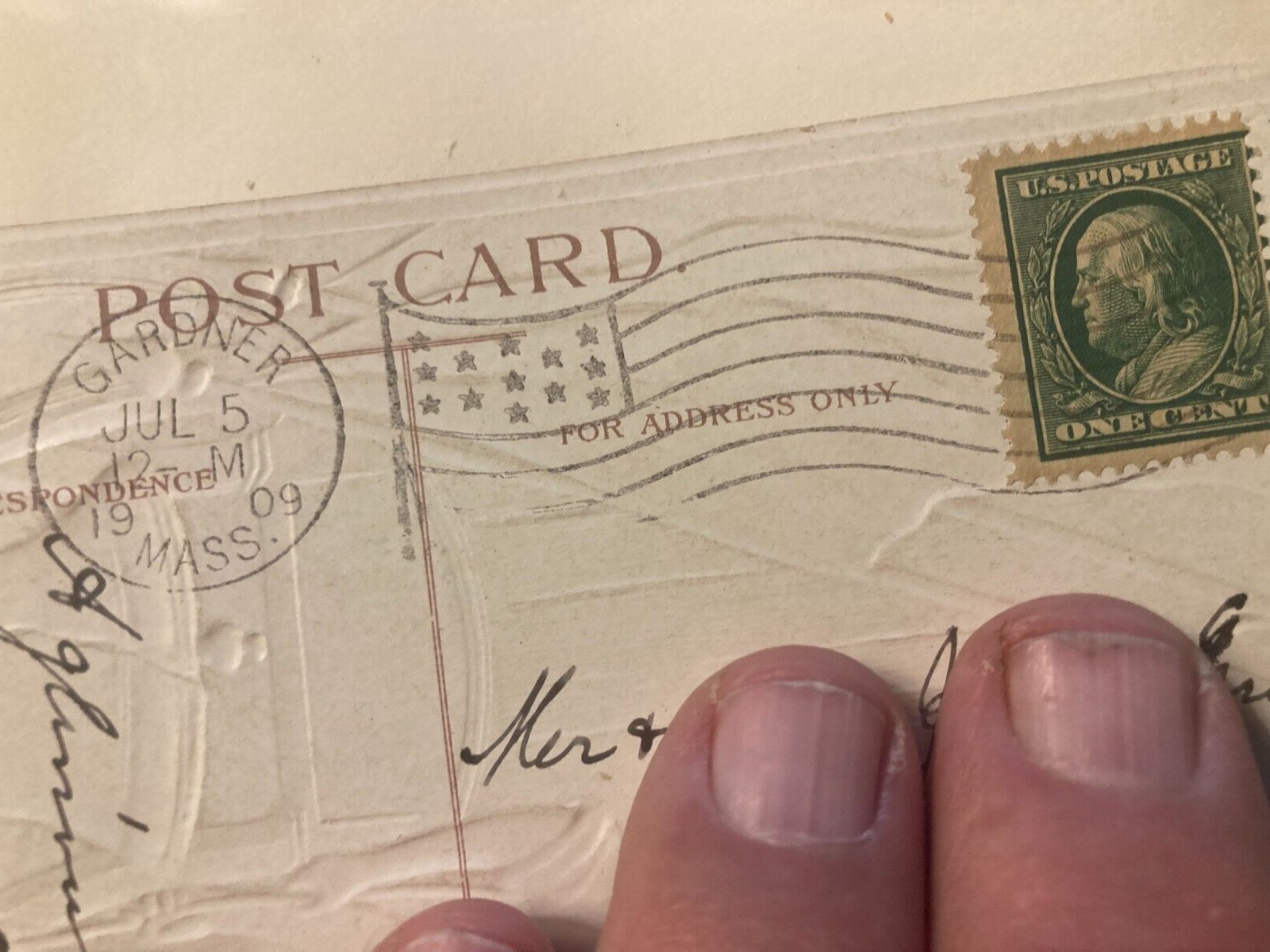1909, JULY 5 CANCELATION 1 CENT BENJAMIN FRANKLIN GREEN STAMP 6 POST CDS ANTIQU