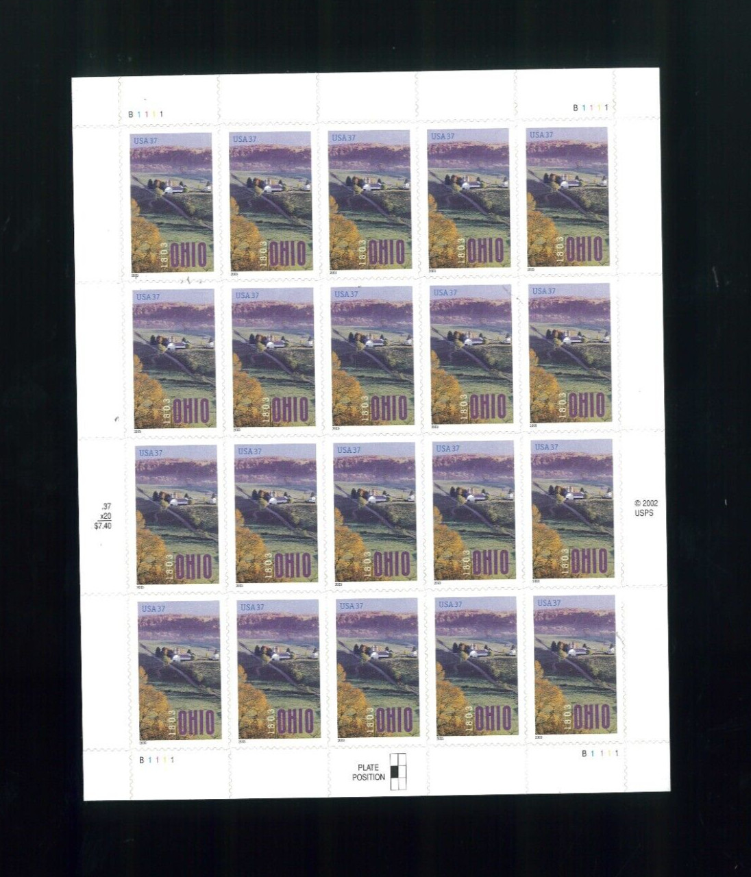United States 37¢ Ohio Statehood Bicentennial Postage Stamp #3773 MNH Full Sheet