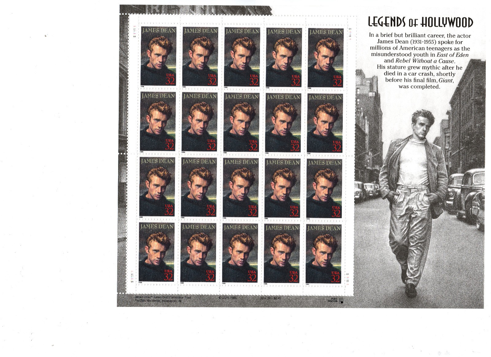 Scott #3082 Legends of Hollywood James Dean Pane of 20 32¢ Stamps 1996 NH, OG