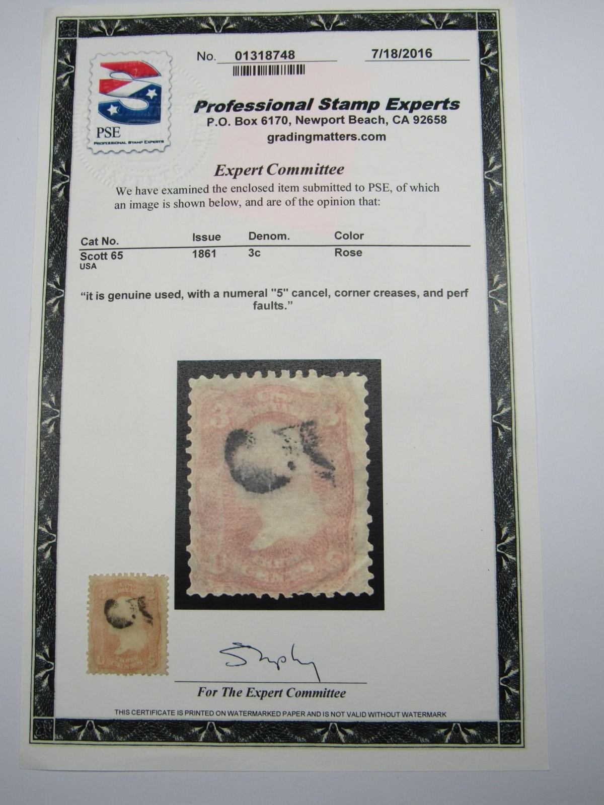 PSE Certified Stamp! 1861 U.S. POSTAGE 3¢ with Numerical “5” Stamps STP-05-IB
