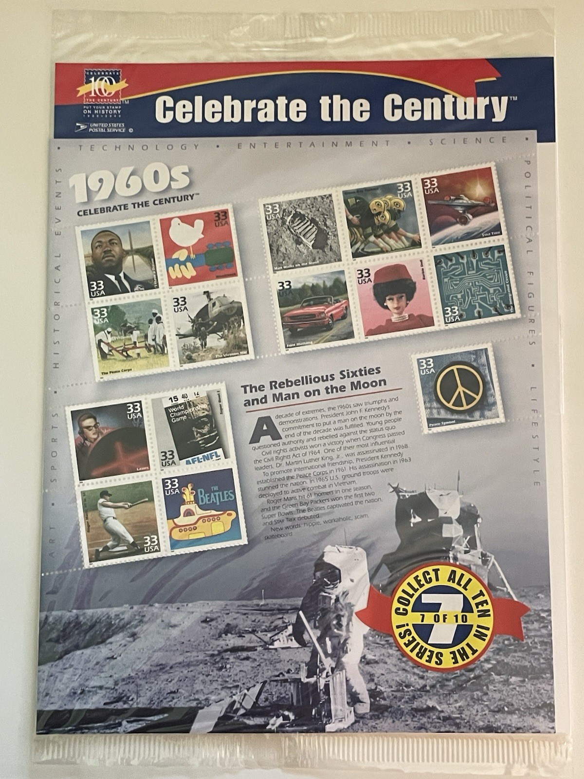 USA 33 Cent 1960s CELEBRATE THE CENTURY Postage Stamps, Sealed Sheet of 15