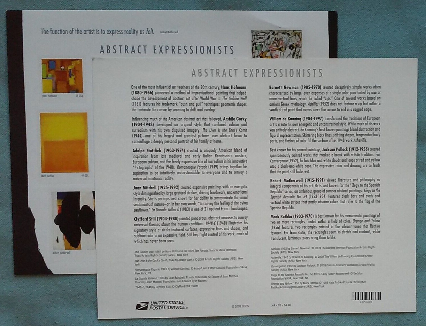 Three Sheet x 20 = 60 ABSTRACT EXPRESSIONISTS 44¢ US Postage Stamps USA Sc 4444