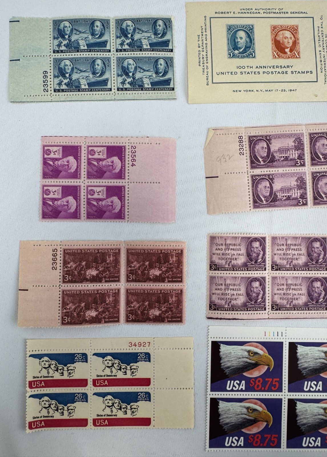 13 Mint US Plate Blocks and Souvenir Sheet Collection 1944-2000 Famous Americans