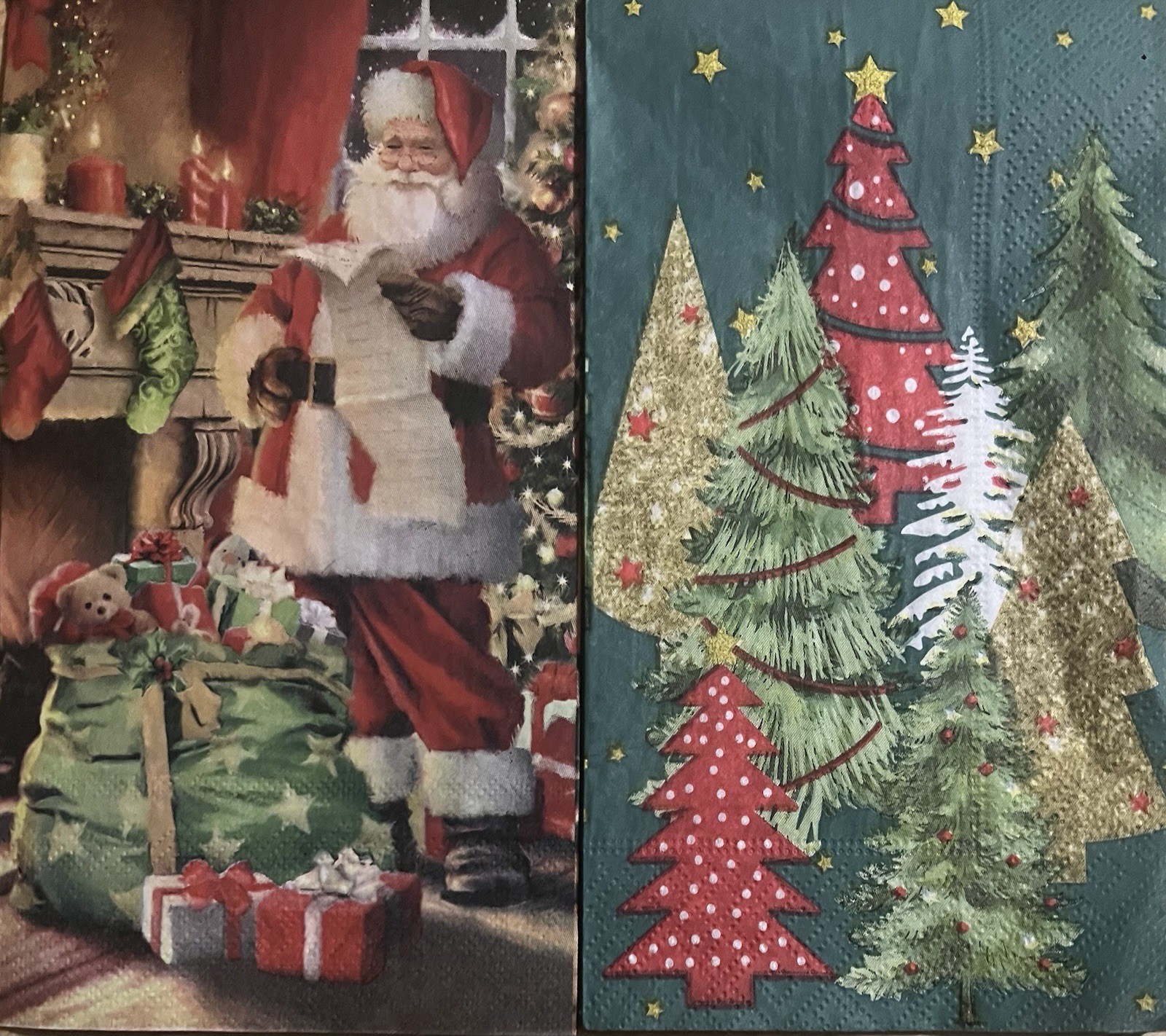 TWO Individual paper dinner Decoupage napkins Christmas Trees &presents Santa