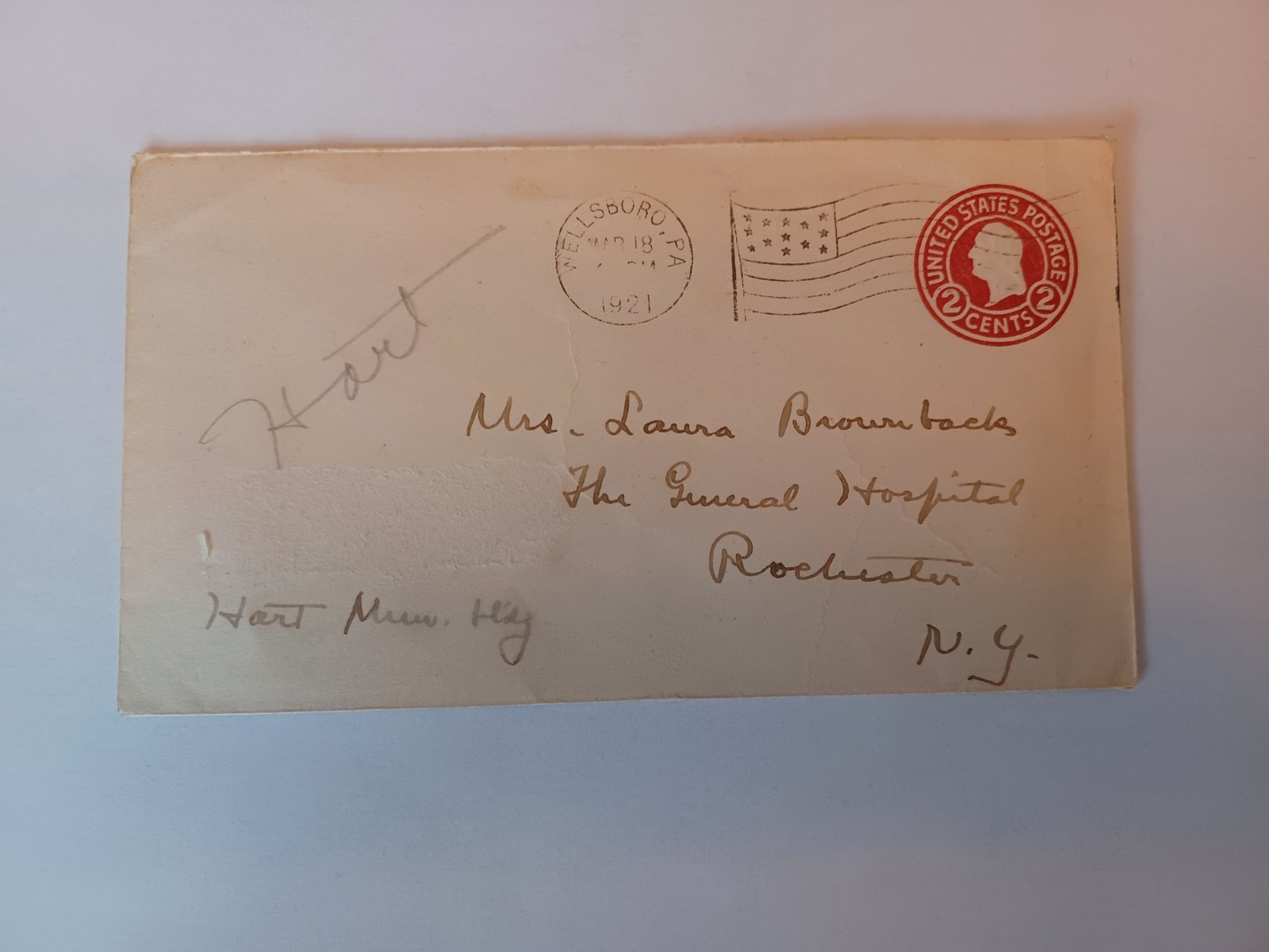 Vintage US Postage Envelope 2 Cents Washington Stamp Embossed, 1921 (U432)