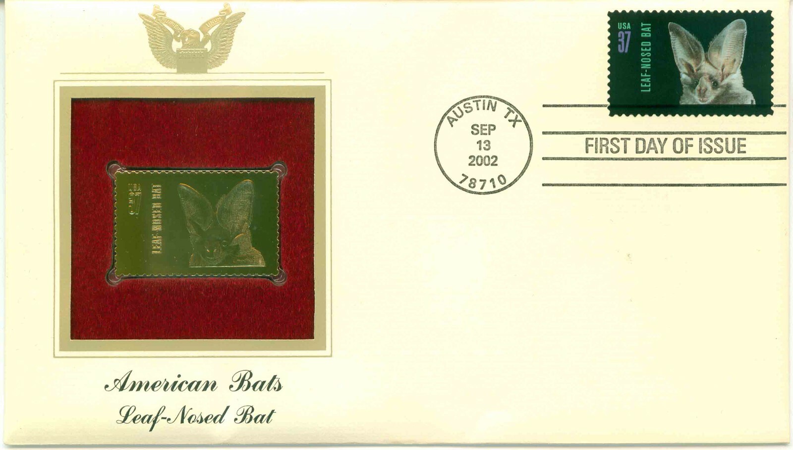 First Day Of Issue Sep 13 2002 Austin TX 22kt Gold Replica Leaf-Nosed Bat