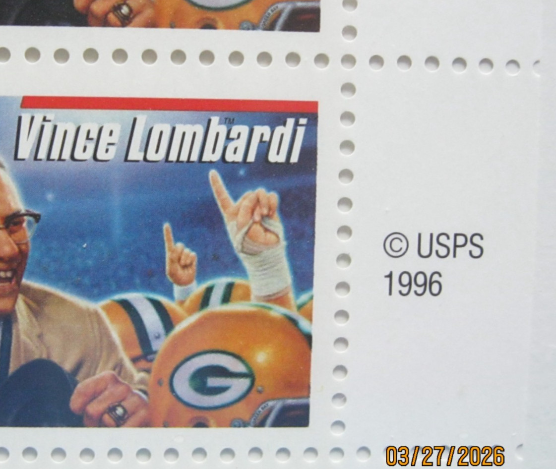 1996 LEGENDARY FOOTBALL COACHES UNCUT USPS PRESENTATION BLOCK OF 20 STAMPS