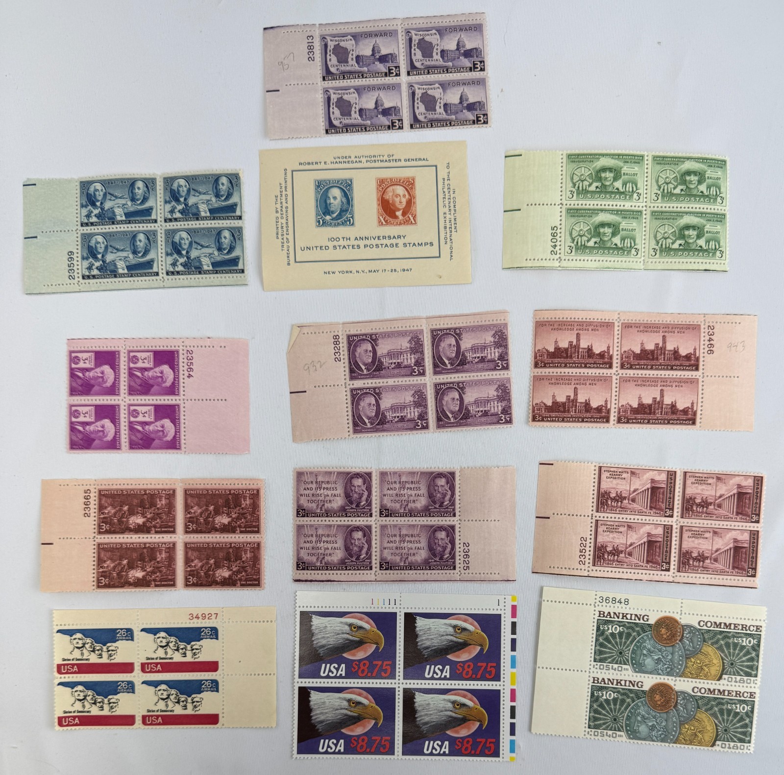 13 Mint US Plate Blocks and Souvenir Sheet Collection 1944-2000 Famous Americans