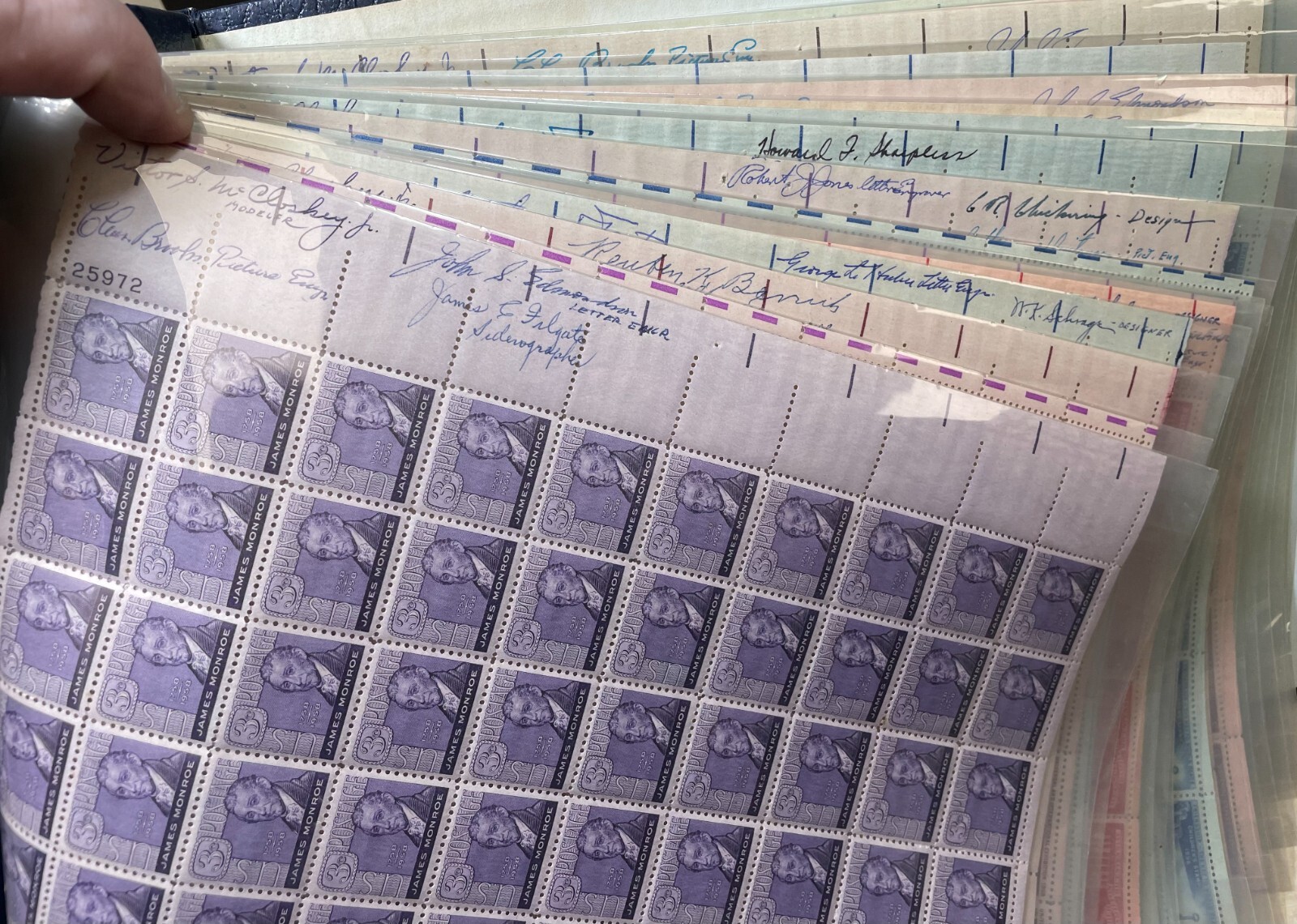 17 – SHEETS US POSTAGE STAMPS ALL SIGNED MULTIPLE DESIGNERS SIGNATURES .03 CENT