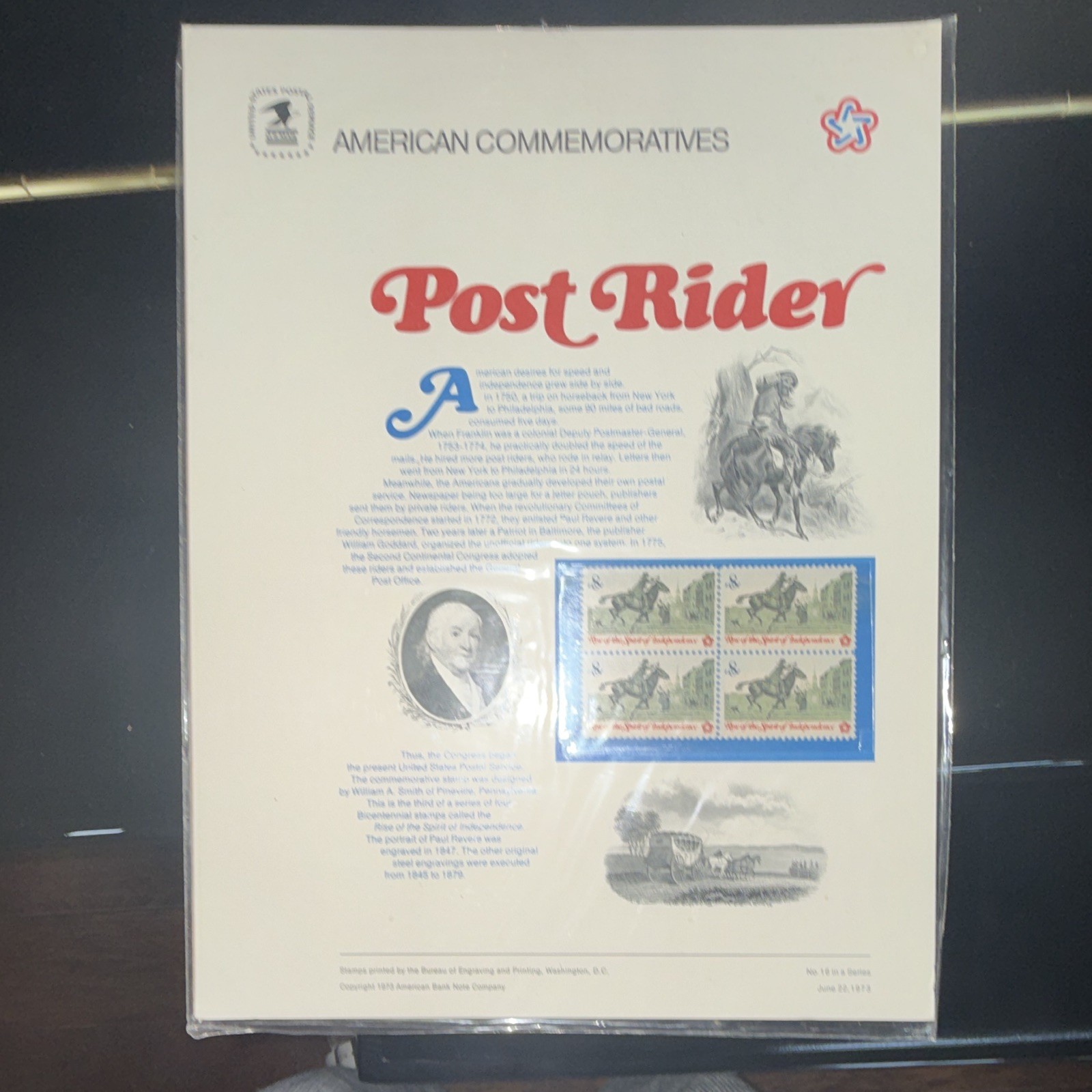 American Commemoratives Post Rider 8 Cent Stamp Block Mint NH Green Red Blue USA