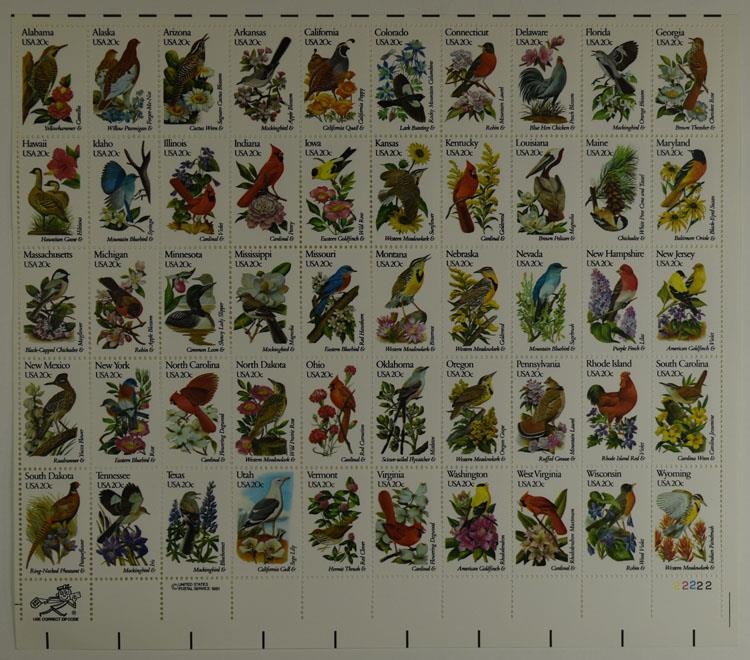 US SCOTT 1953-2002 PANE OF 50 STATE BIRDS AND FLOWERS 20 CENT FACE MNH