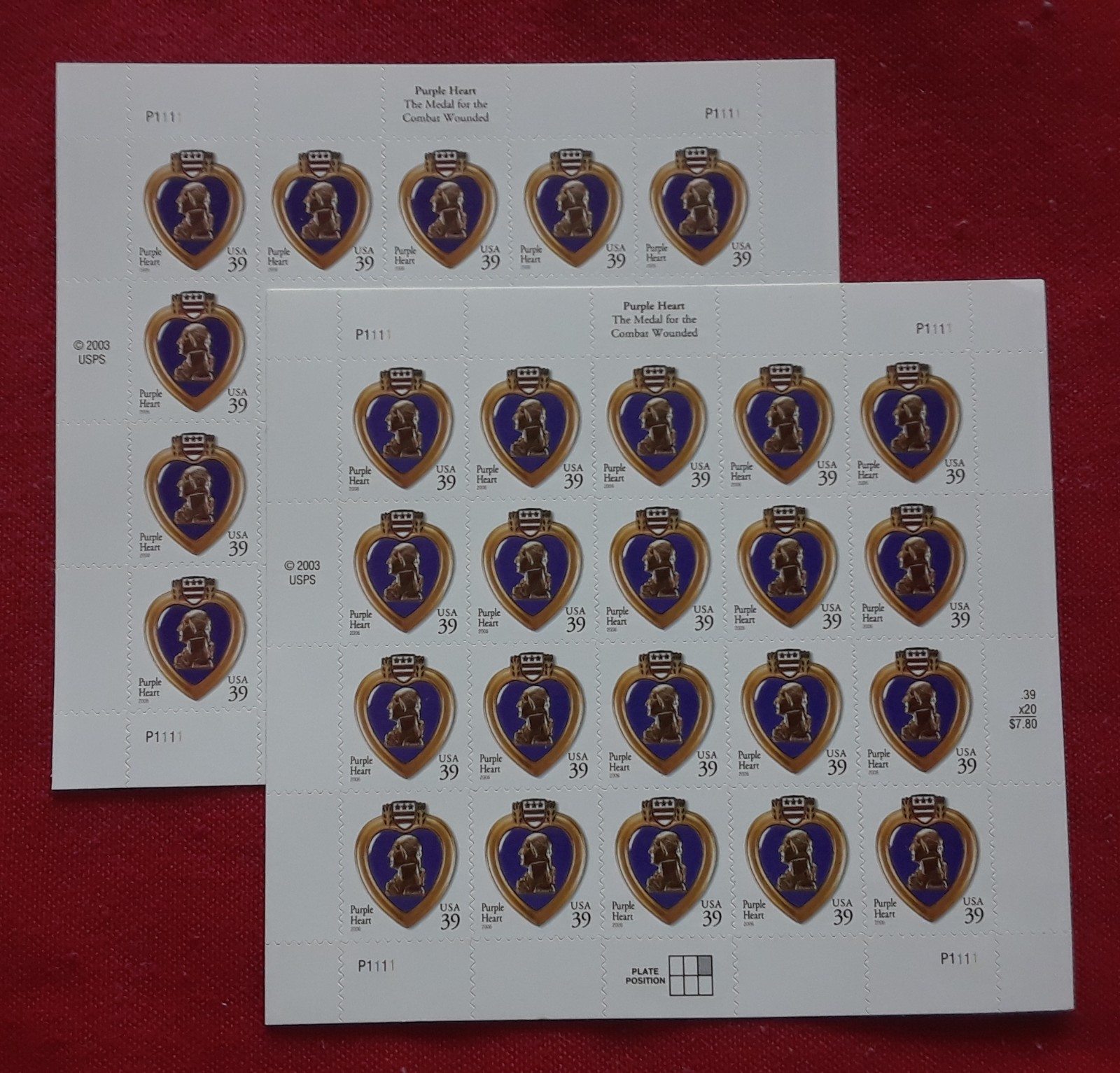 Two (2) Panes / Sheets x 20 = 40 of Purple Hearts 39¢ US Postage Stamps USA 4032