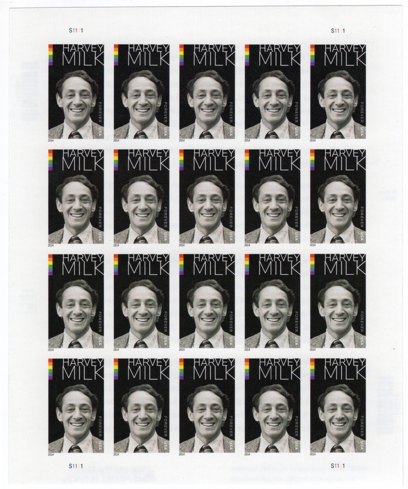 US 2014 SC 4906 Harvey Milk, Forever Sheet of 20 MNH Fresh Imperf NDC
