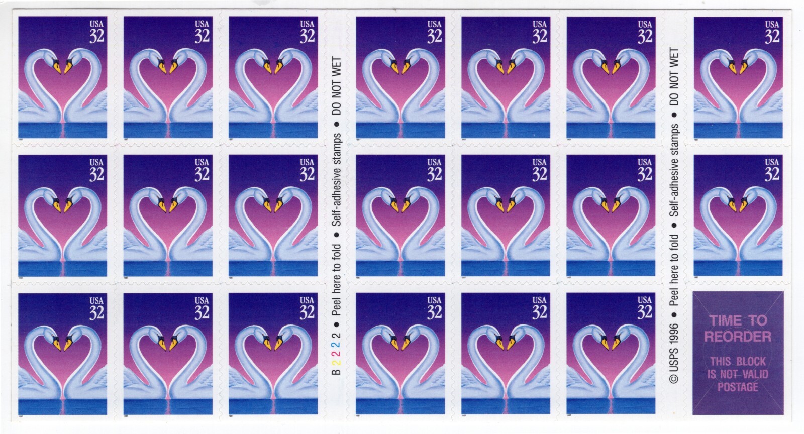 US 1997 SC 3123 32c Love Swans – Pane of 20 MNH