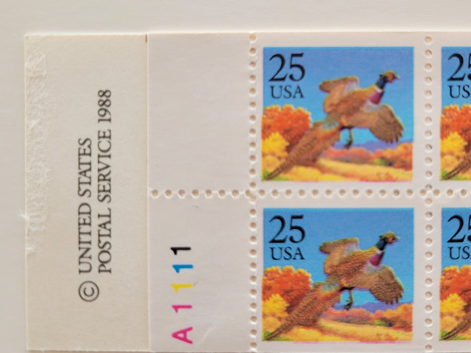 1988 Pheasant,Booklet Pane of 20 25c Stamps Scott #BK158 P# A1111 MNH