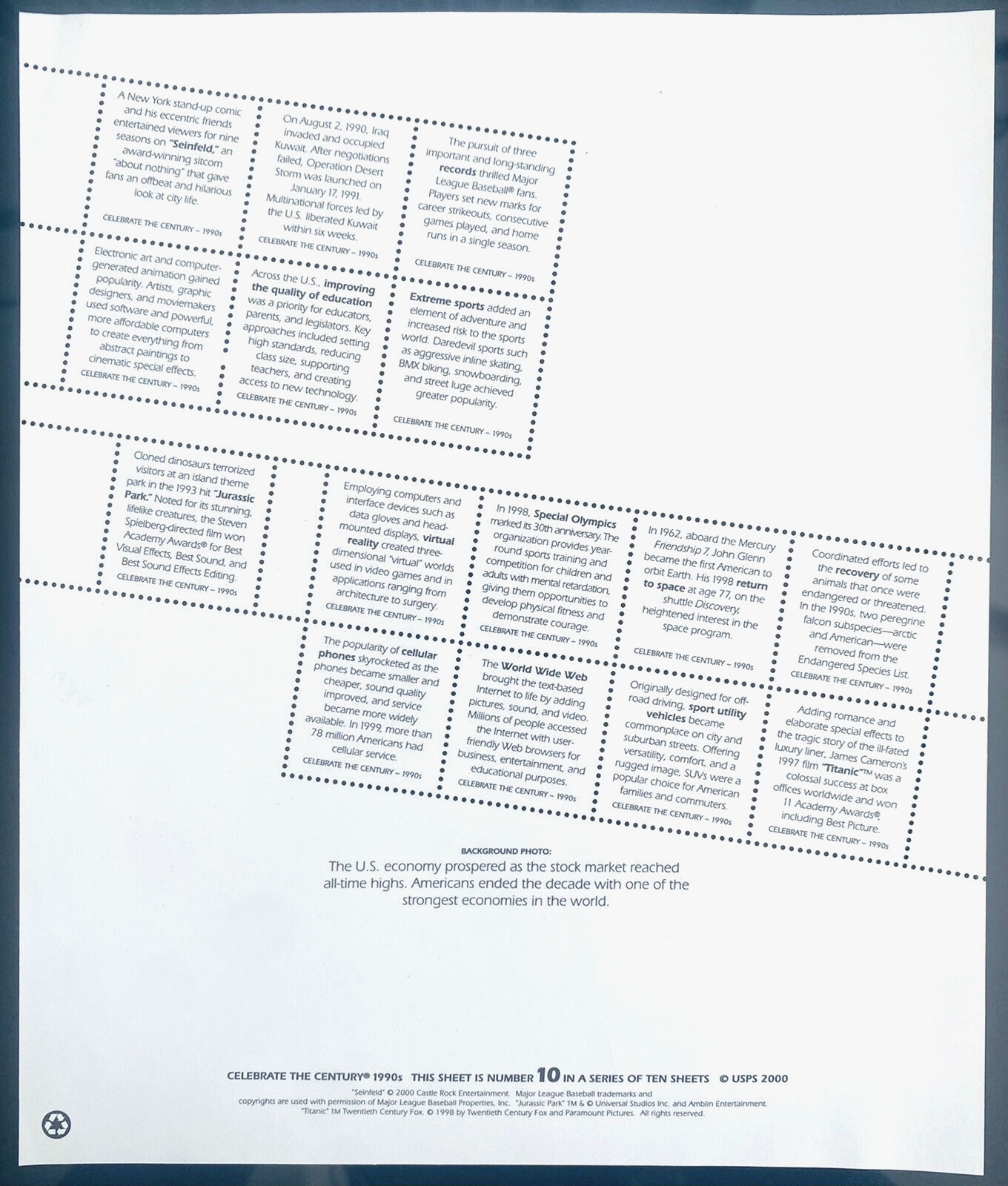 SoCo Stamps -US # 3182-3191 CELEBRATE THE CENTURY Complete 10 Sheet Set
