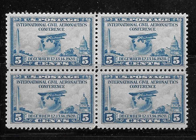 U S Postage Stamps – 2c 1928 Aeronautics Conference Block of 4 – F/VF MH