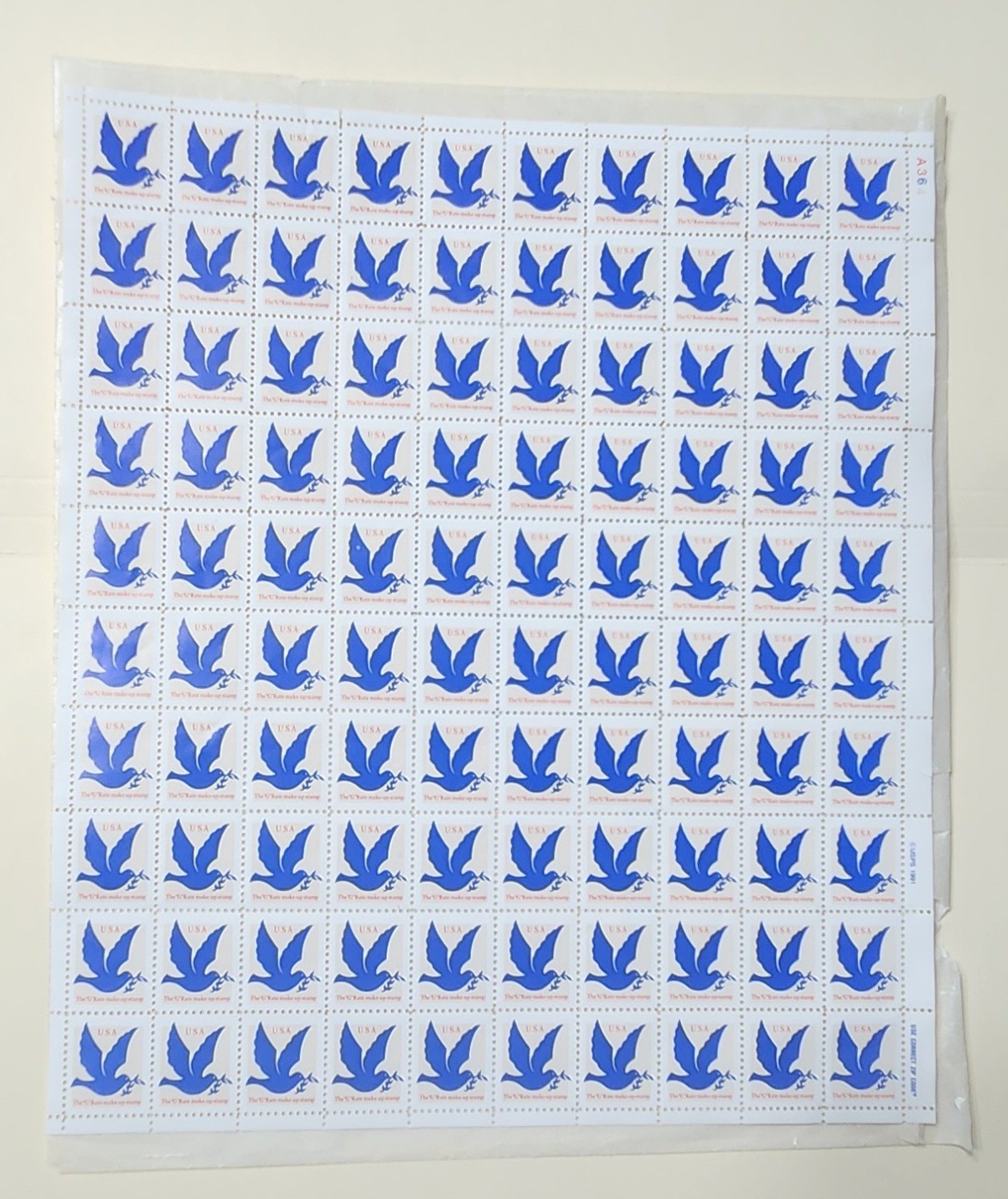 US SCOTT 2877 PANE OF 100 BLUE DOVE G RATE MAKEUP STAMPS 3 CENTS FACE MNH