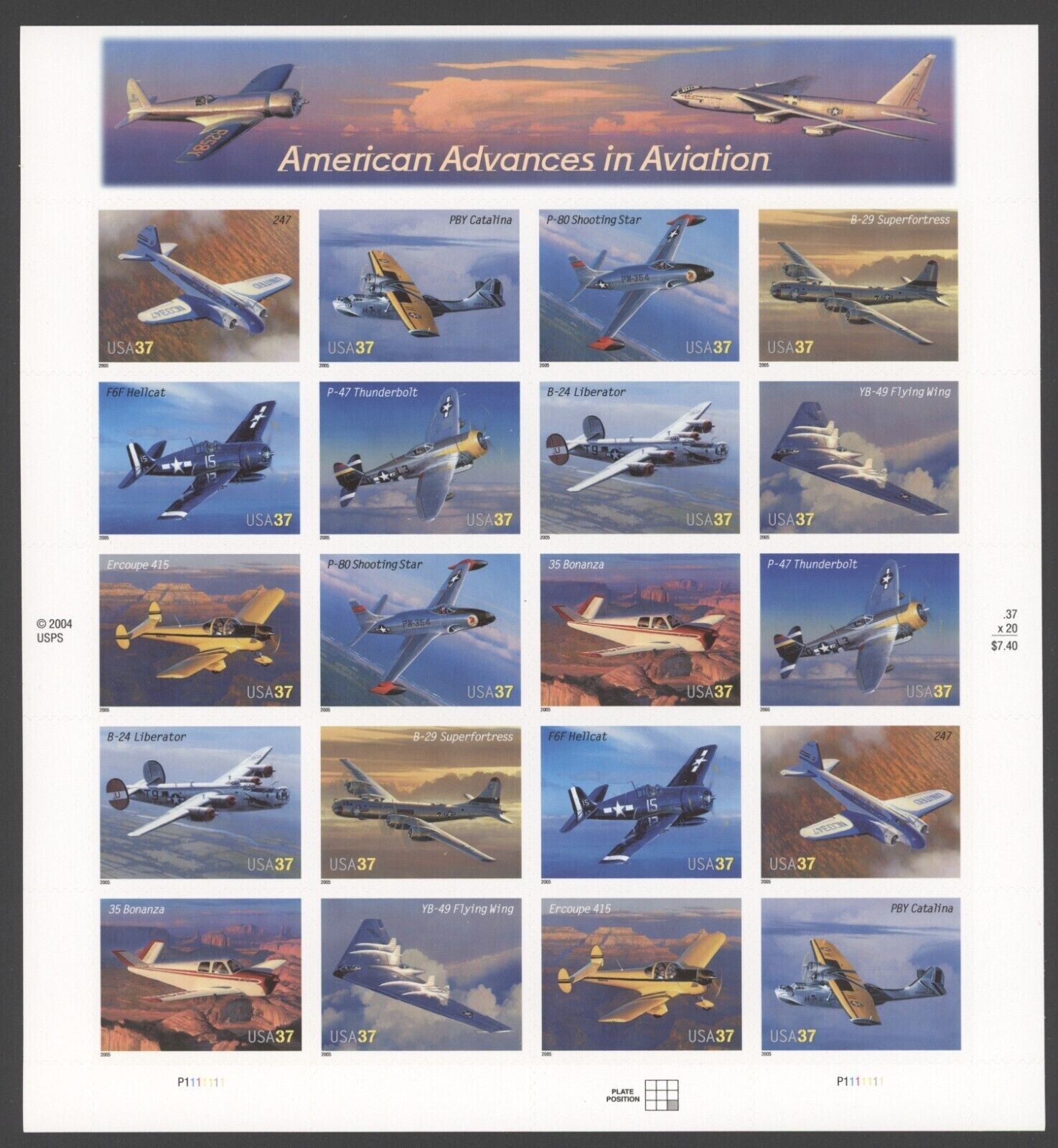 #3916 AMERICAN ADVANCES IN AVIATION – 5 SHEETS OF 20 = 100 37¢ STAMPS FV $37