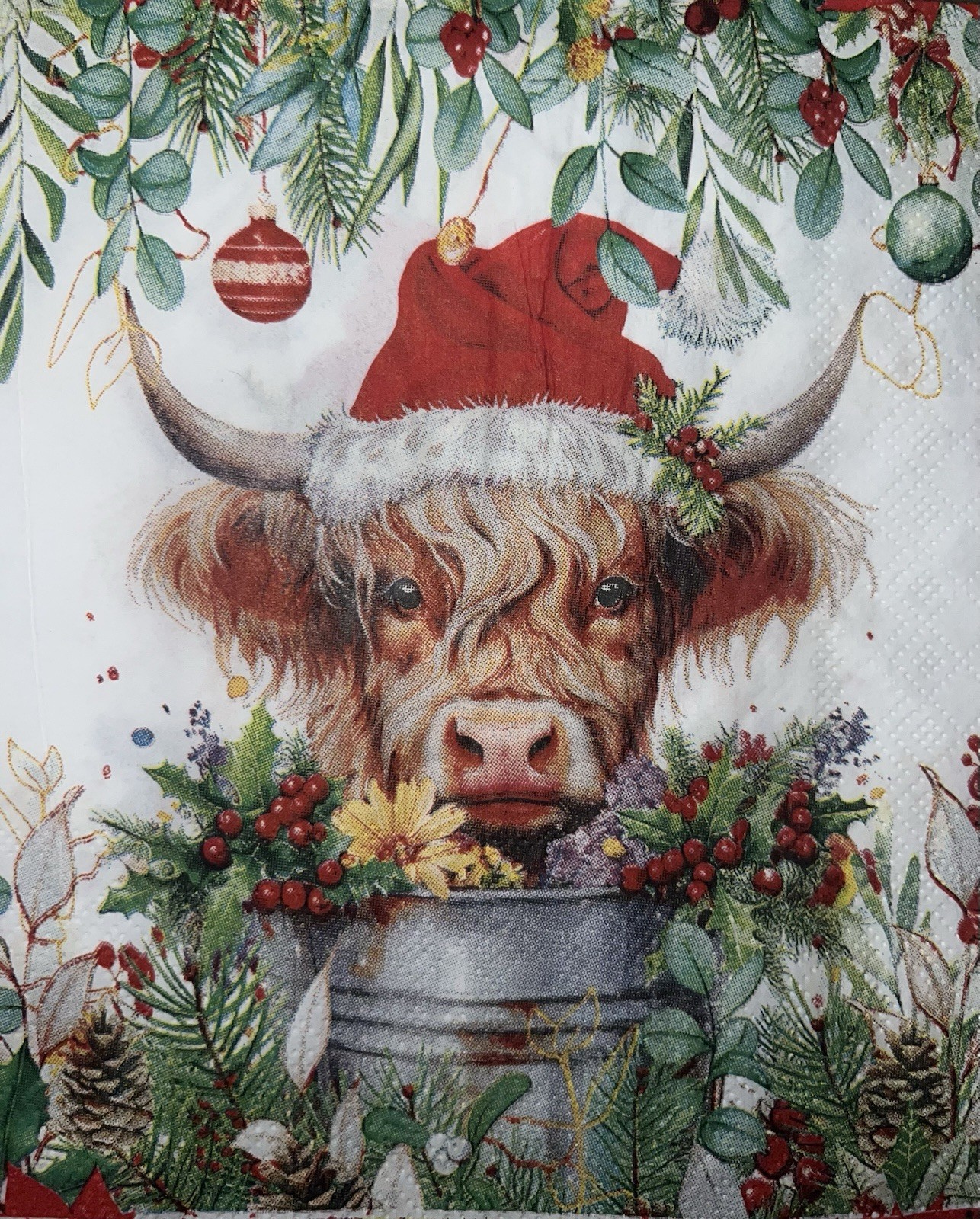 TWO Paper Lunch Napkins Decoupage Christmas Highland Cow Santa/pine Cones 6.5”