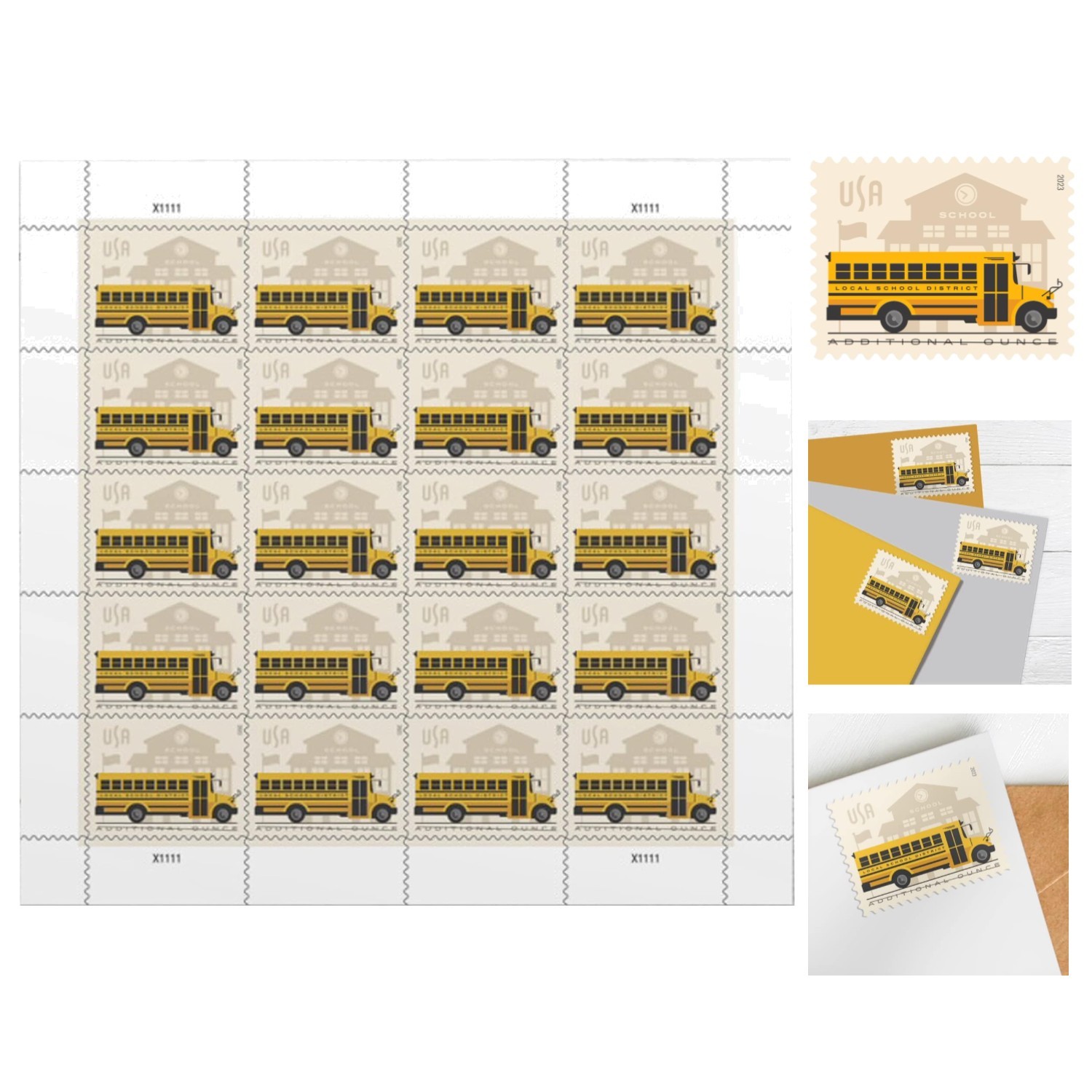 School Bus Additional Ounce Postage Stamps | 20 Self-Adhesive Celebration Stamps