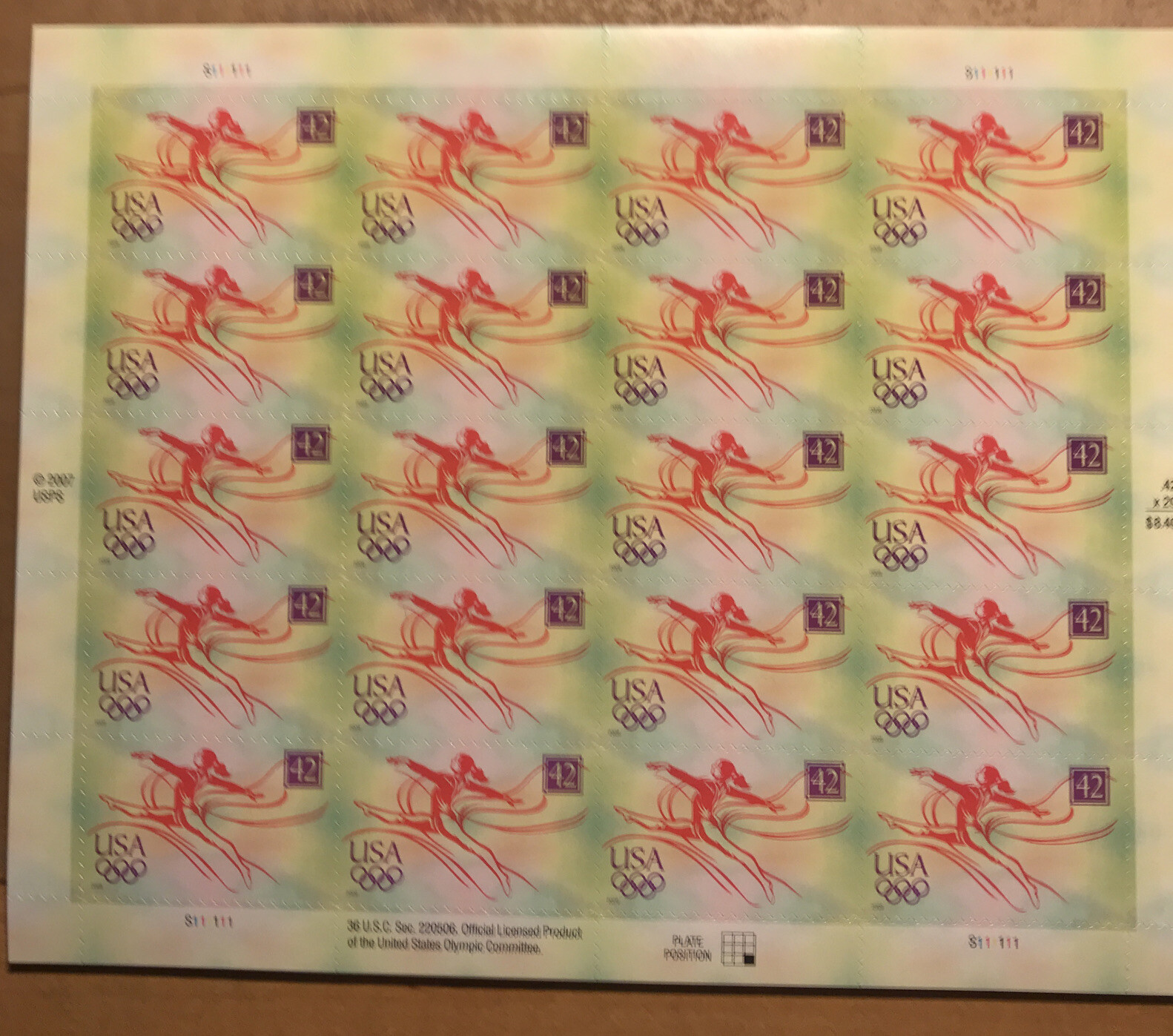 USPS PANE OF 20 OLYMPIC GYMNASTICS STAMPS 42 CENT FACE MNH