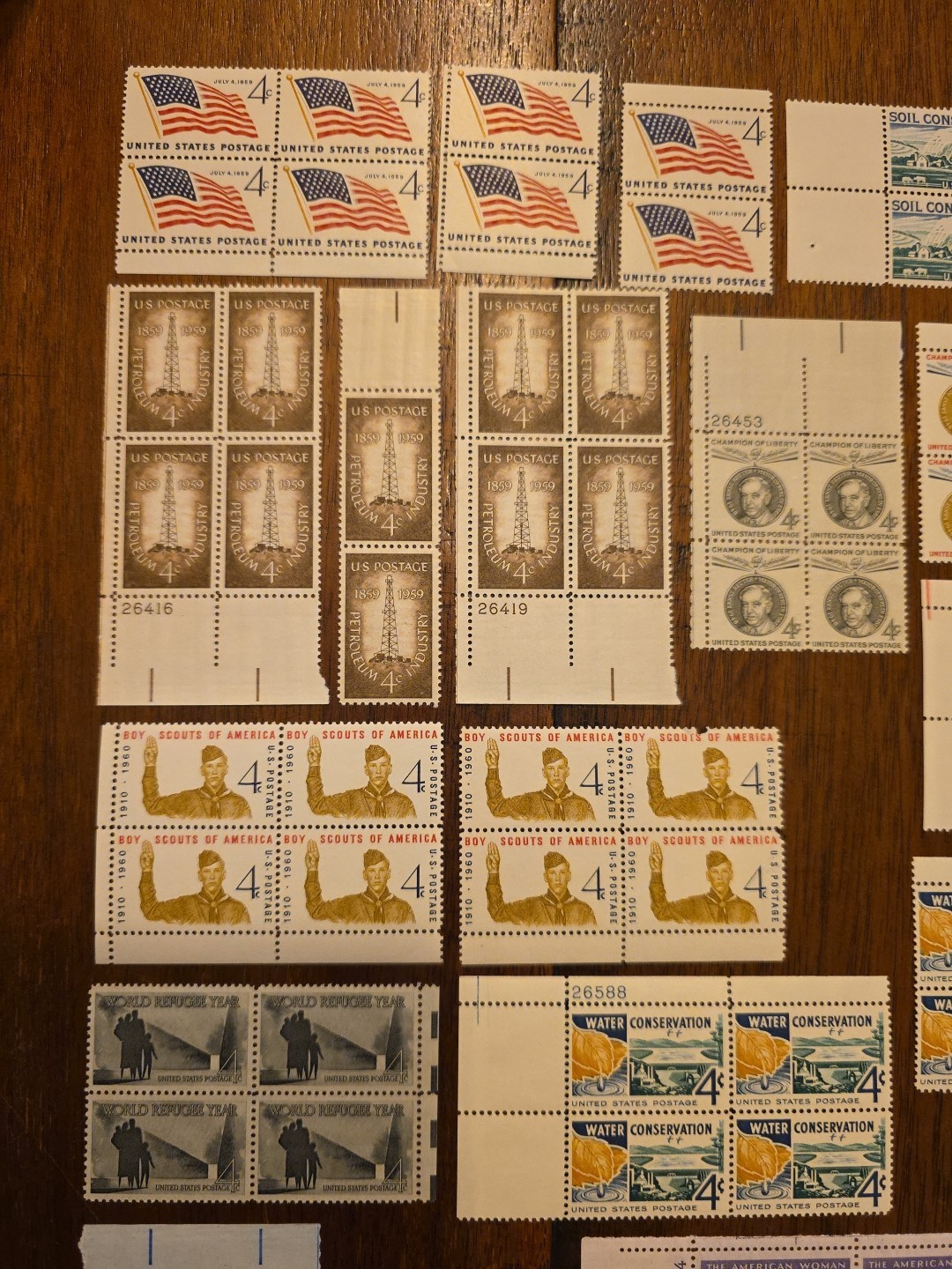 U.S. 4¢ Stamp Blocks – Flags, Monuments, Conservation, SEATO, Eisenhower T