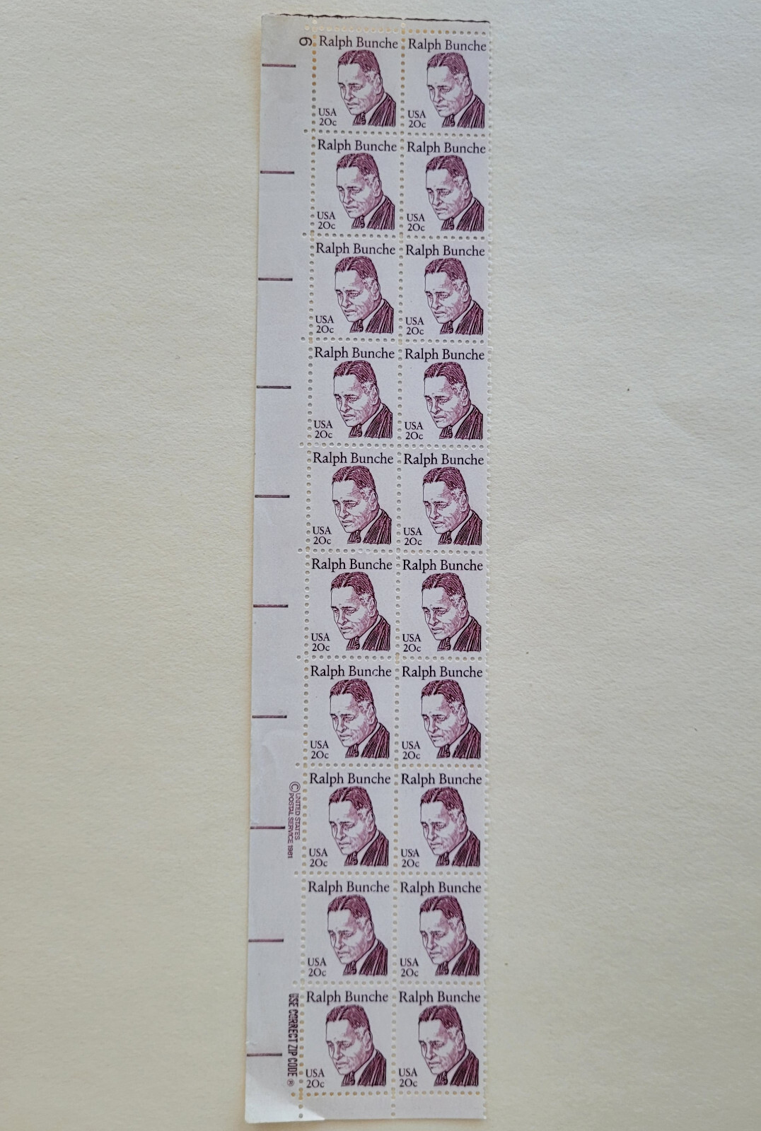 Scott #1860 American Scientist Ralph Bunche Great Americans 20c Block of 20 MNH