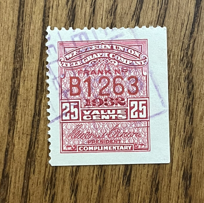 USA – 1932 – Telegraph Stamp – Western Union – 25¢