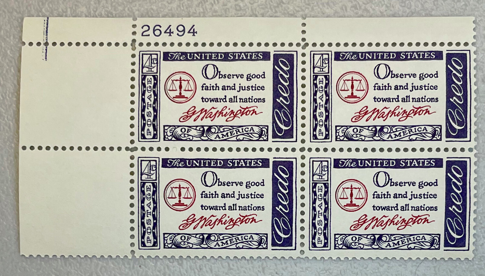US Stamps Scott # 1139 Washington Credo Plate Block MNH
