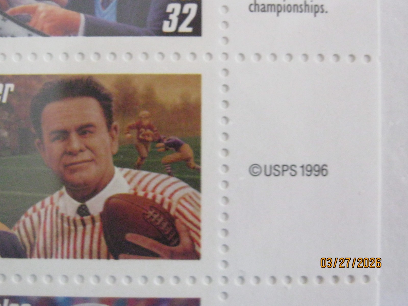 1996 LEGENDARY FOOTBALL COACHES UNCUT USPS PRESENTATION BLOCK OF 20 STAMPS