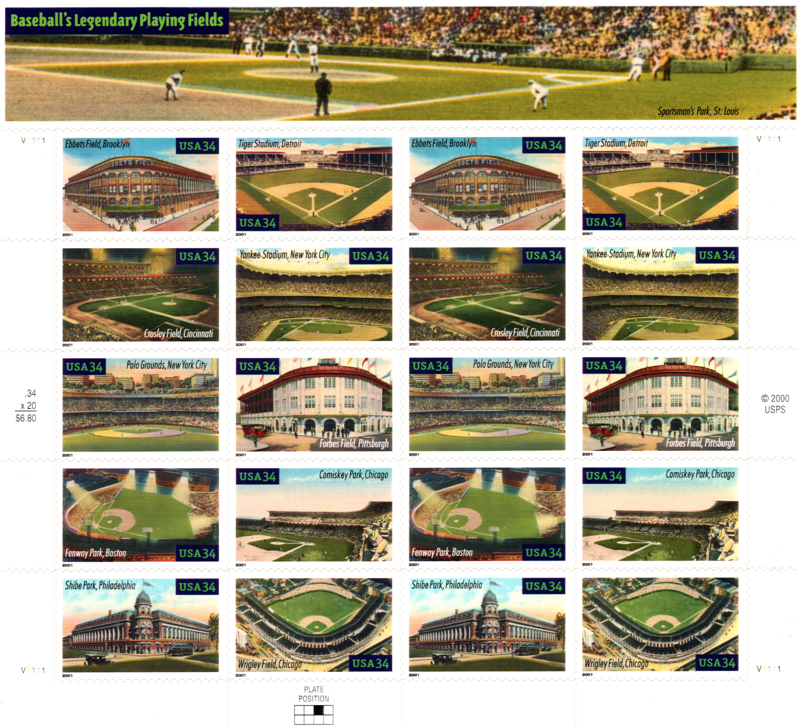 USA 2001 BASEBALL’S LEGENDARY PLAYING FIELDS 10 DIFFERENT, 20STAMPS SHEET MNH