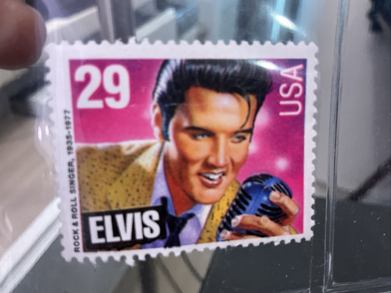 Elvis Presley stamp USA unused untouched pink and purple Elvis holding microphon
