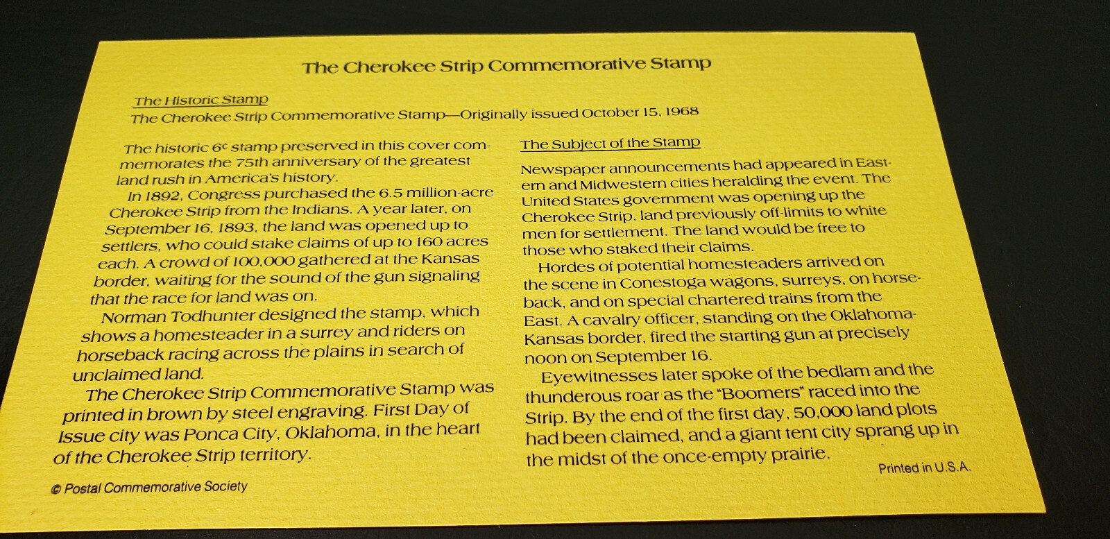 Cherokee Strip 6c stamp issued 1968 mint unused