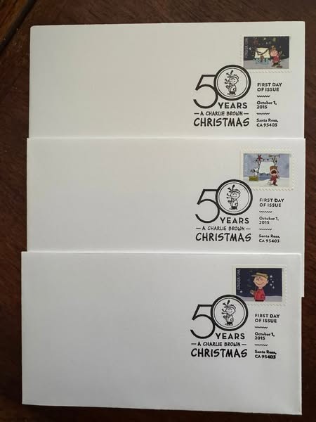 A Charlie Brown Christmas 9 stamped envelopes first day cover 10/01/2015