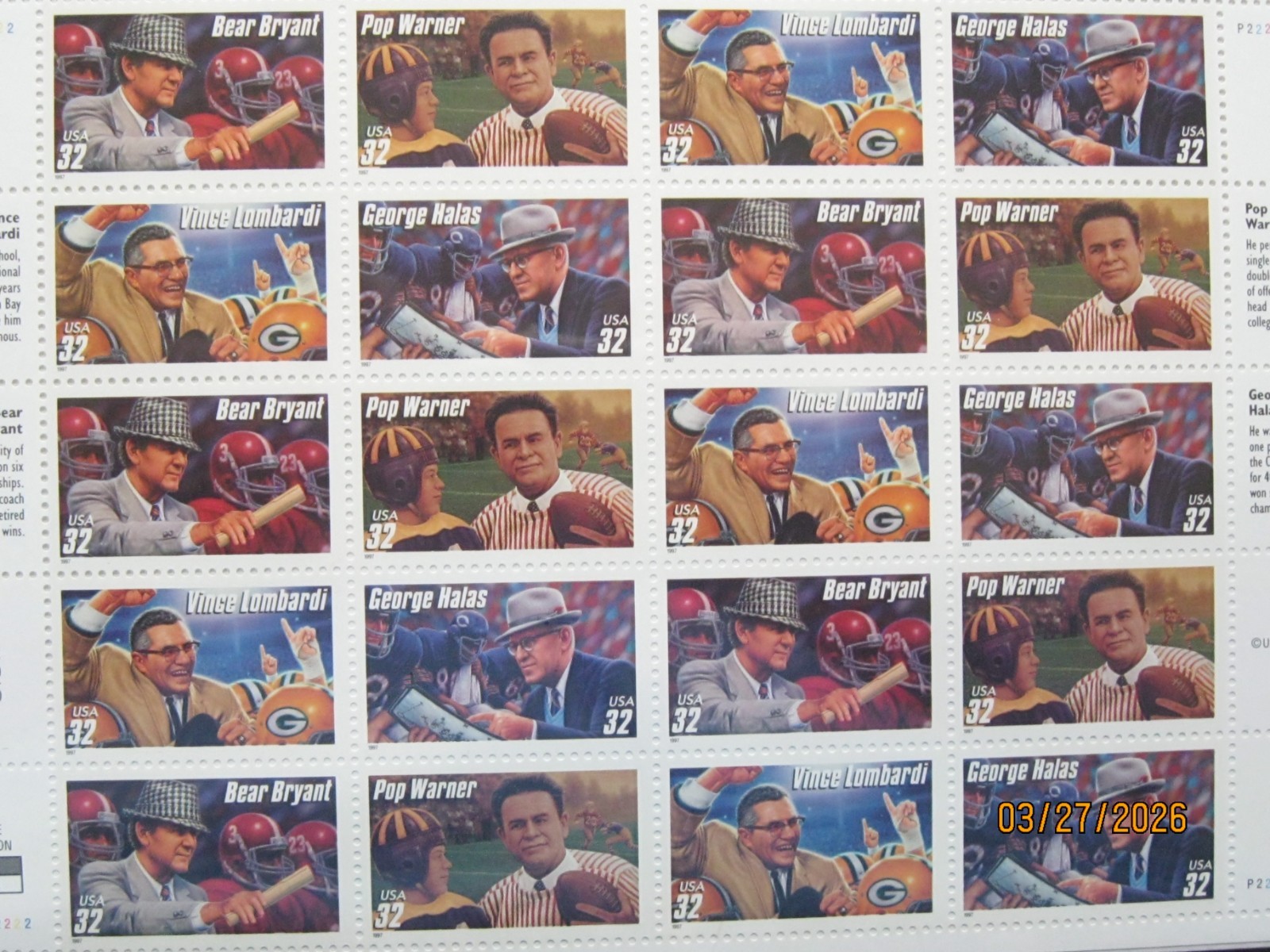 1996 LEGENDARY FOOTBALL COACHES UNCUT USPS PRESENTATION BLOCK OF 20 STAMPS