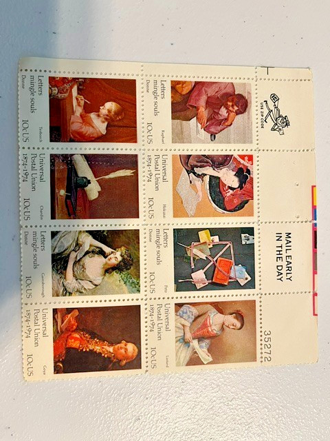 U.S. Stamps 10c Letters Mingle Souls/Universal Postal Union block of 8 stamps.